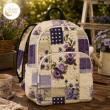 Lila virágmintás patchwork steppelt hátizsák