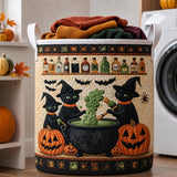 Halloweeni fekete macskás boszorkányos steppelt szennyestartó kosár