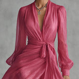 Beatrice | Elegáns Chiffon V-nyakú, Derékra Kötős Hosszú Ruha