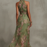 Firenze | Zöld Virágos Chiffon Halter Maxi Ruha