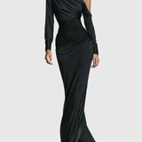 Célina™ | Selyem One-Shoulder Maxi Ruha Fekete